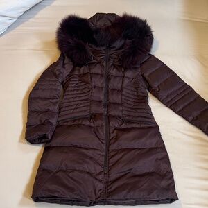 Women's Dark Maroon Puffer Coat with Faux Fur Trim